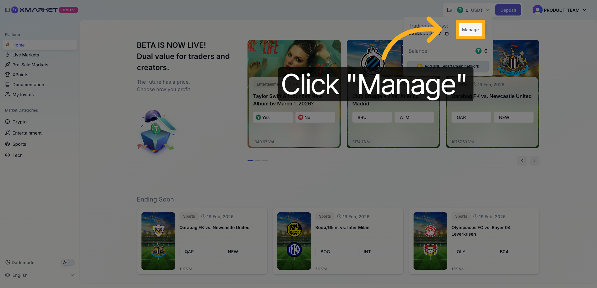 USDT balance with Manage button